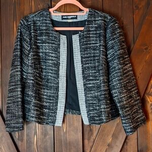 Karl Lagerfeld Cropped Tweed Open Jacket with Fringe Size Large